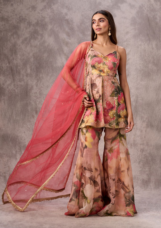 Twamev Women Peach Organza Floral Printed Embellished Peplum Sharara Suit
