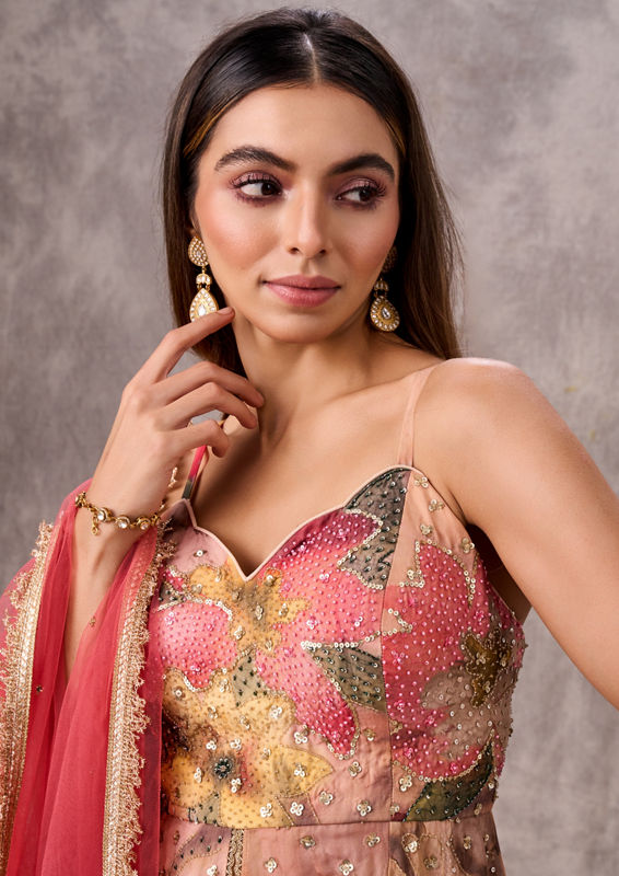 Twamev Women Peach Organza Floral Printed Embellished Peplum Sharara Suit