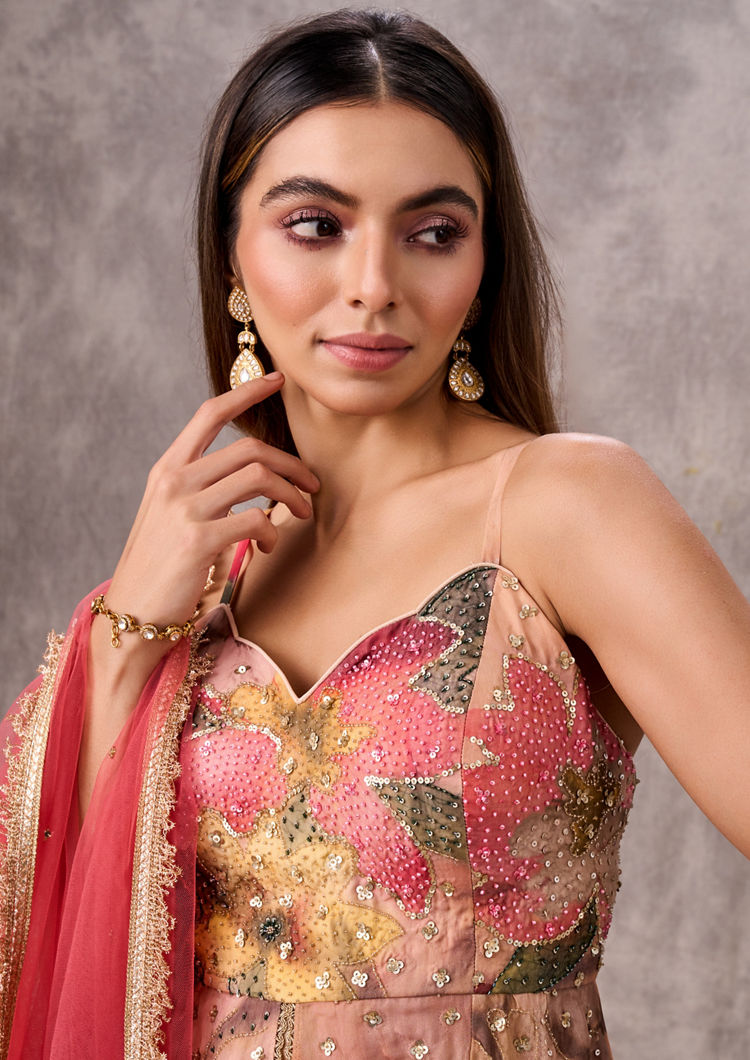 Twamev Women Peach Organza Floral Printed Embellished Peplum Sharara Suit