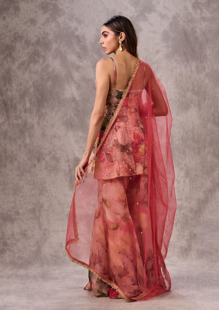 Twamev Women Peach Organza Floral Printed Embellished Peplum Sharara Suit