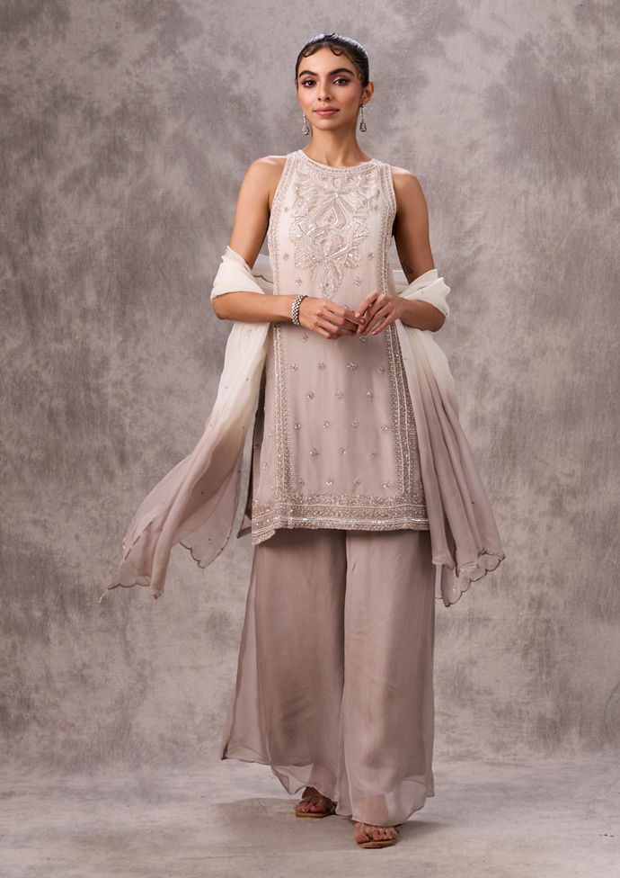 Twamev Women Cream Organza Sequin Bead Work Sharara Suit