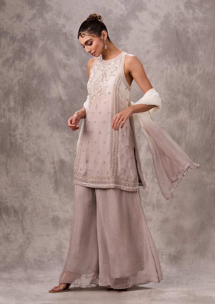 Twamev Women Cream Organza Sequin Bead Work Sharara Suit