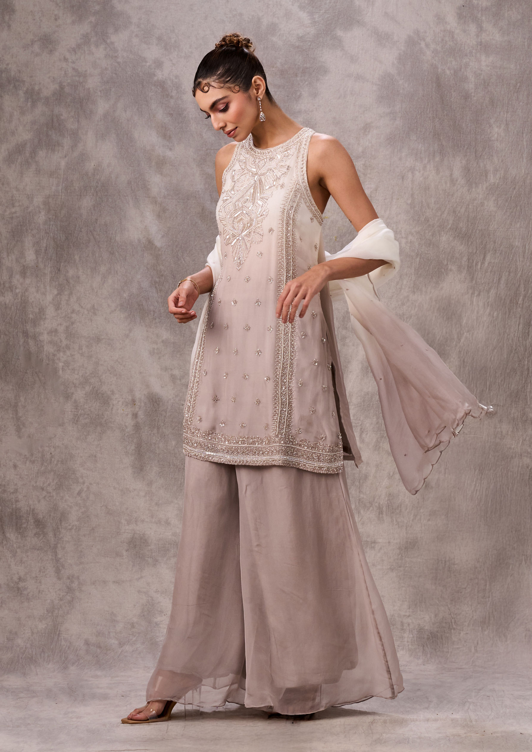 Twamev Women Cream Organza Sequin Bead Work Sharara Suit