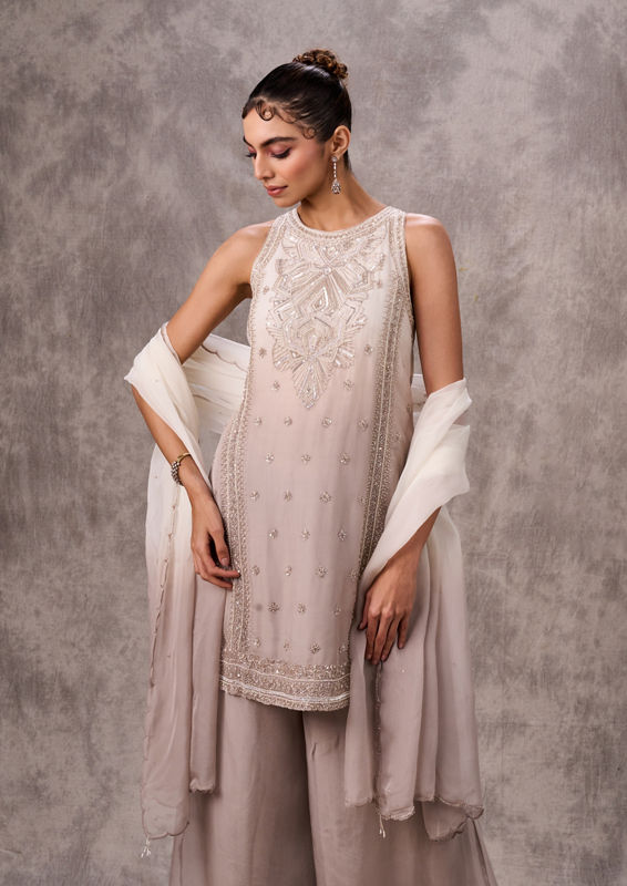 Twamev Women Cream Organza Sequin Bead Work Sharara Suit