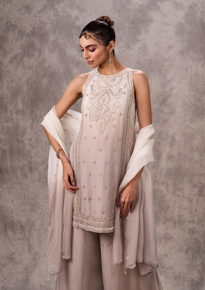 Twamev Women Cream Organza Sequin Bead Work Sharara Suit