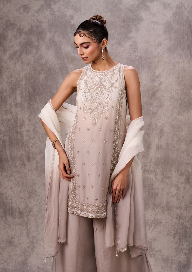 Twamev Women Cream Organza Sequin Bead Work Sharara Suit
