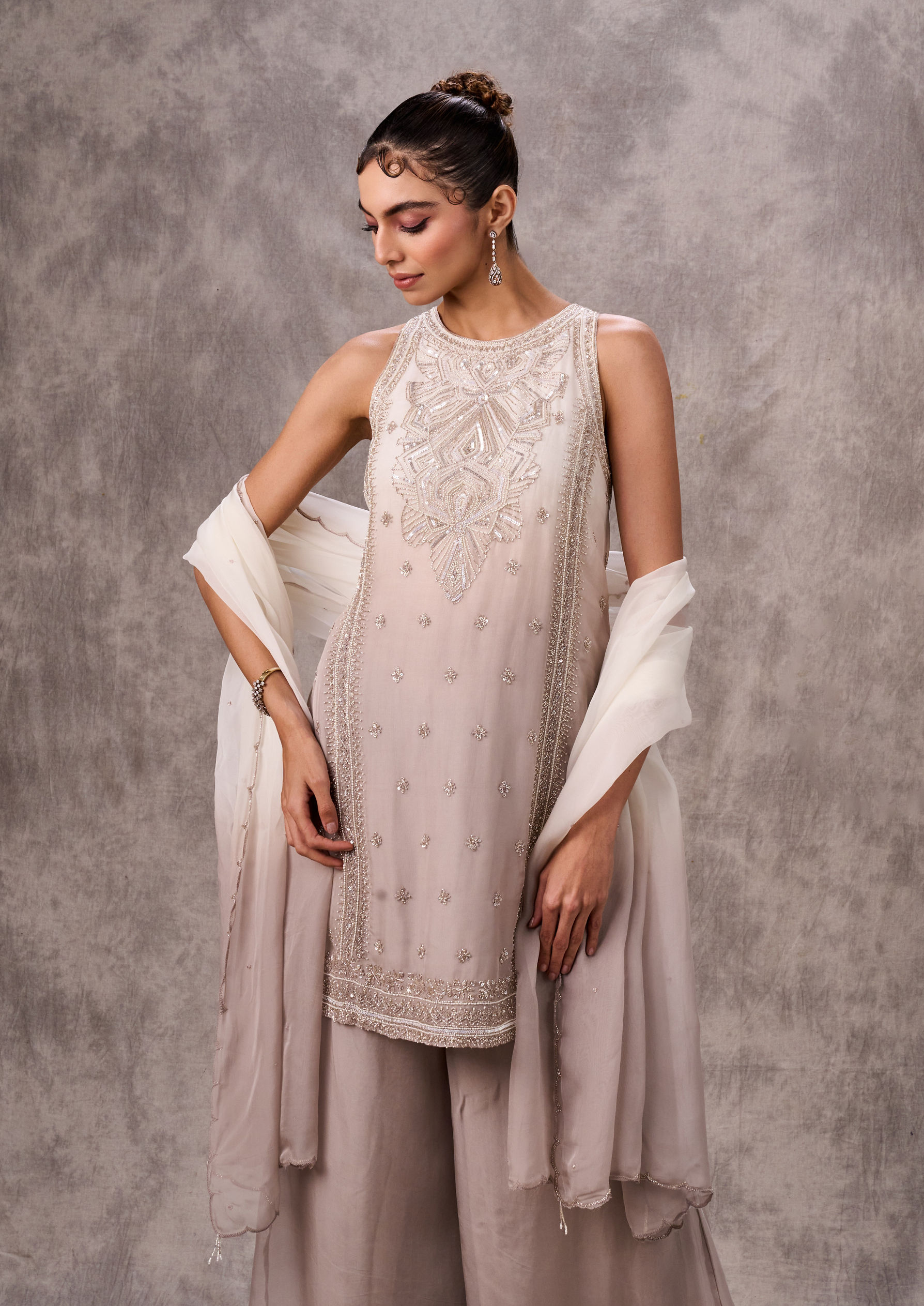 Twamev Women Cream Organza Sequin Bead Work Sharara Suit