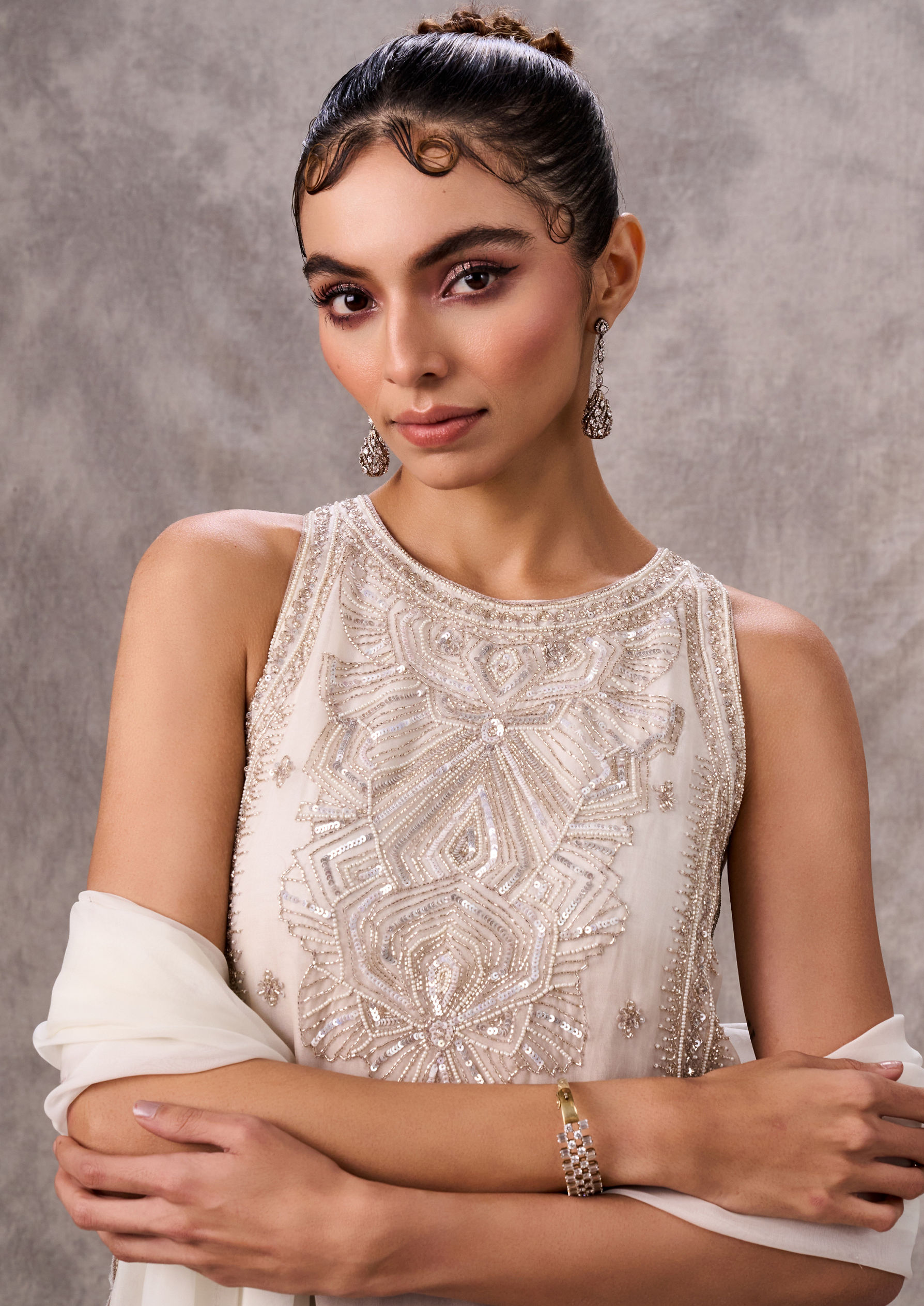 Twamev Women Cream Organza Sequin Bead Work Sharara Suit
