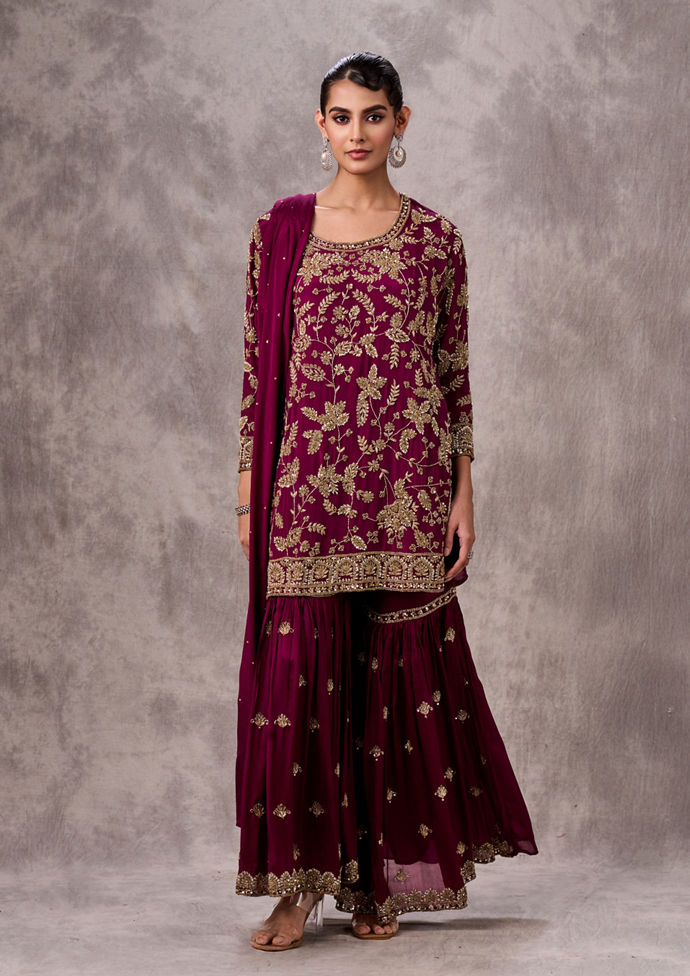 Twamev Women Wine Flamboyance Chinon Stitched Suit