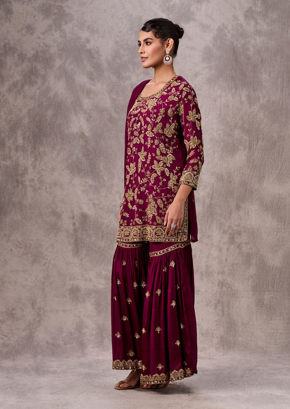 Twamev Women Wine Flamboyance Chinon Stitched Suit
