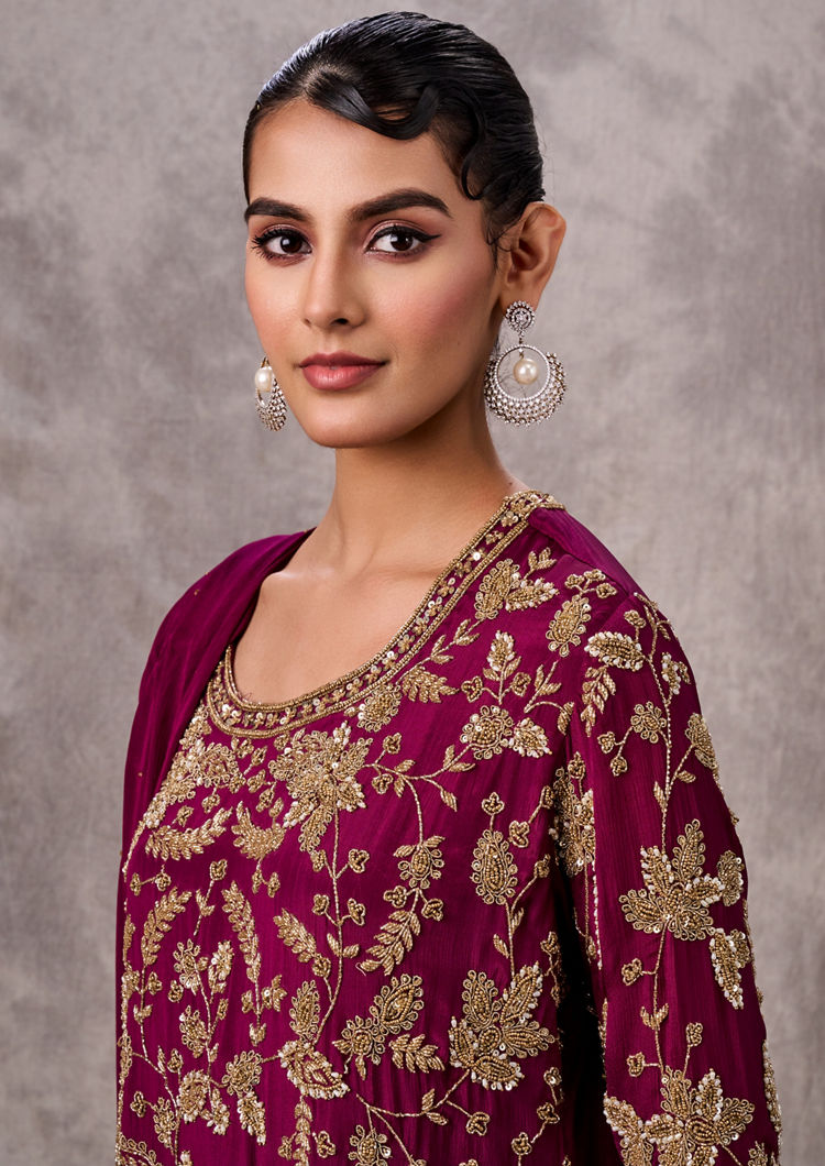 Twamev Women Wine Flamboyance Chinon Stitched Suit