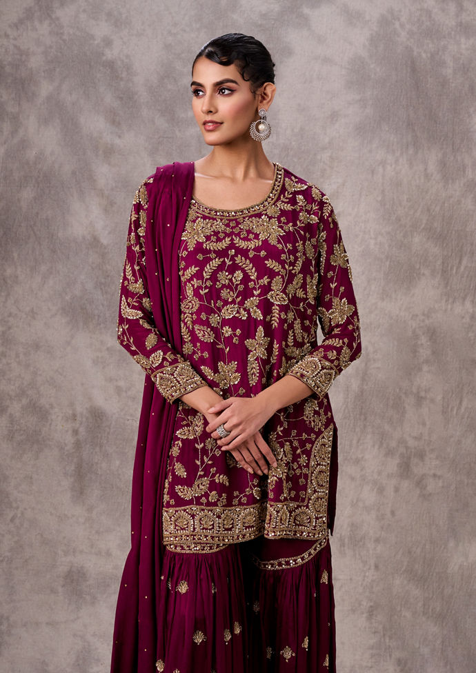 Twamev Women Wine Flamboyance Chinon Stitched Suit
