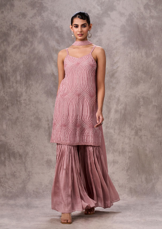 Twamev Women Dusty Pink Chinon Sharara Suit