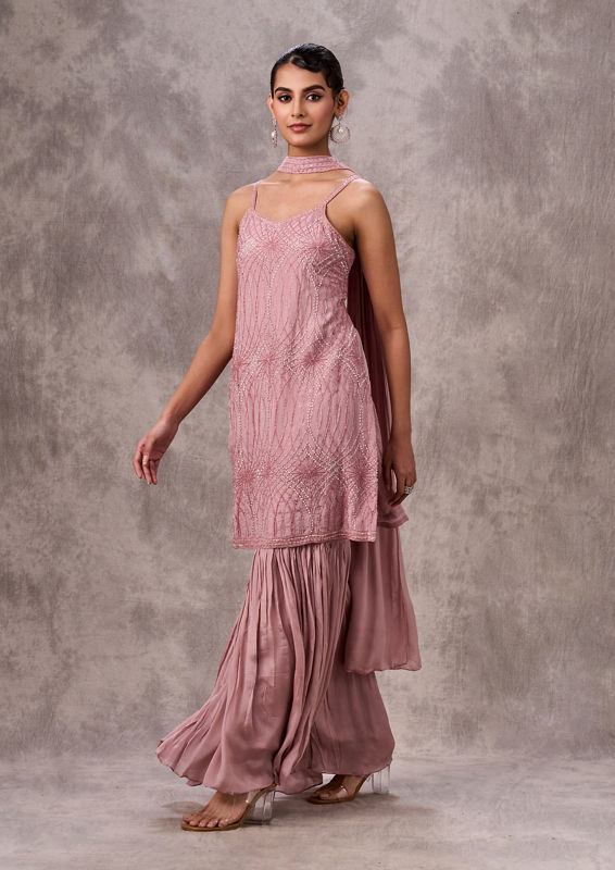 Twamev Women Dusty Pink Chinon Sharara Suit