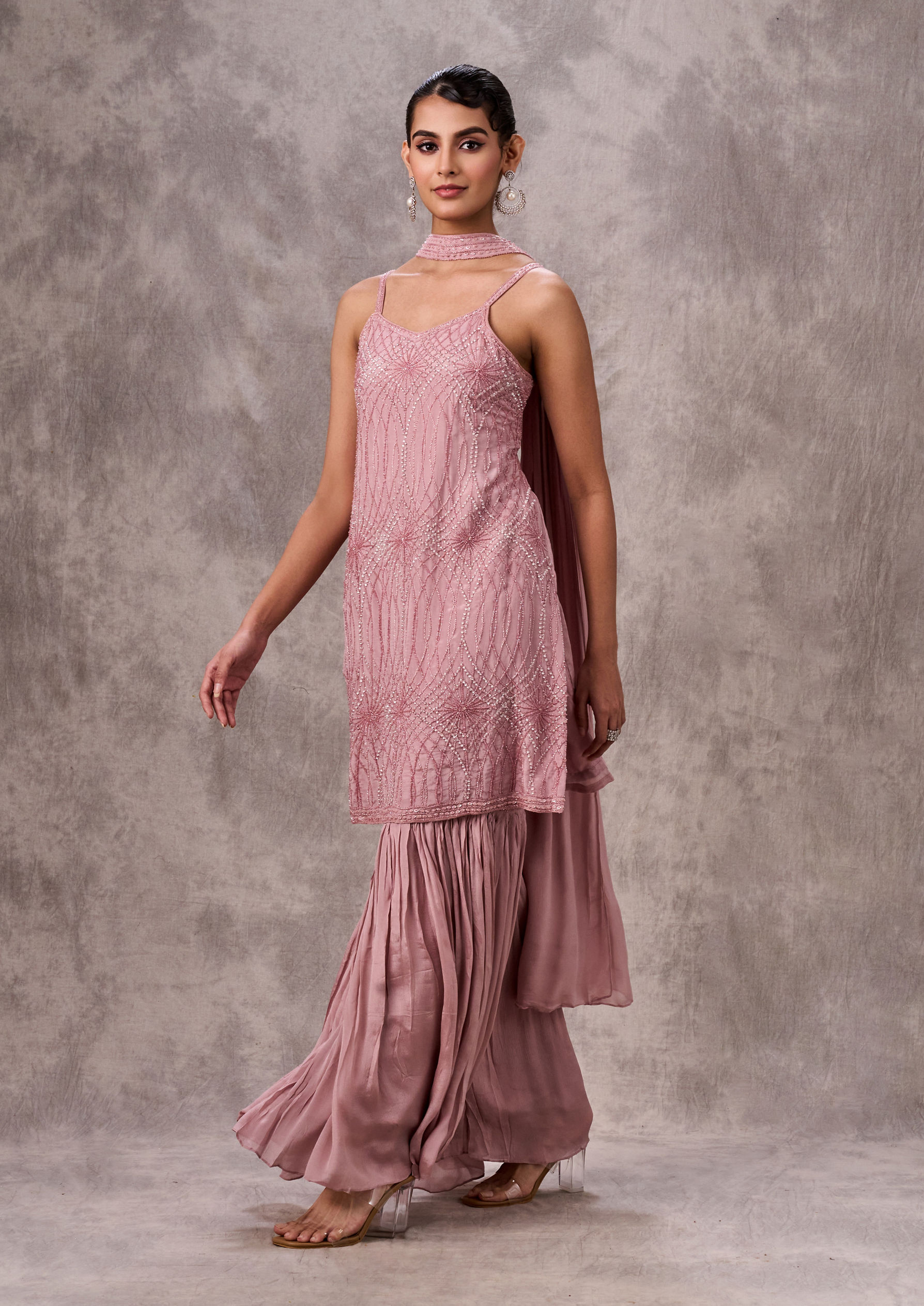 Twamev Women Dusty Pink Chinon Sharara Suit