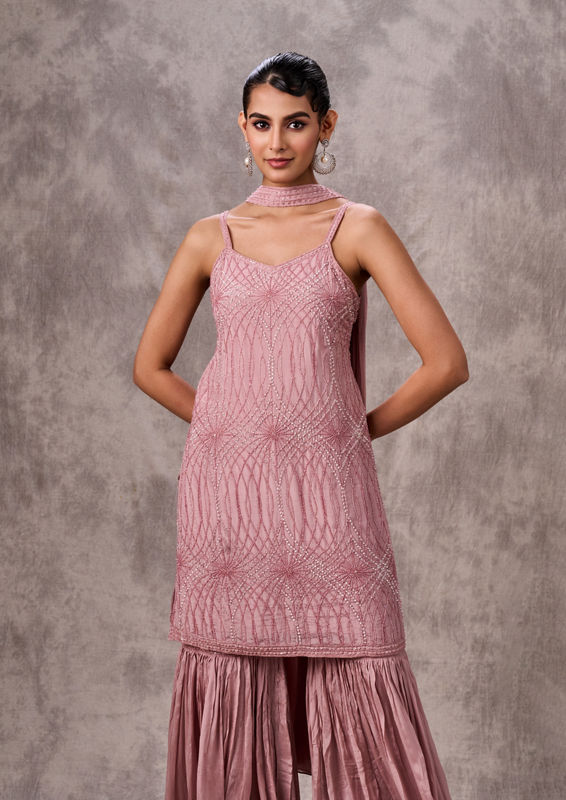 Twamev Women Dusty Pink Chinon Sharara Suit