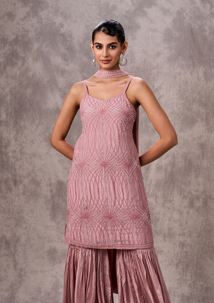 Twamev Women Dusty Pink Chinon Sharara Suit