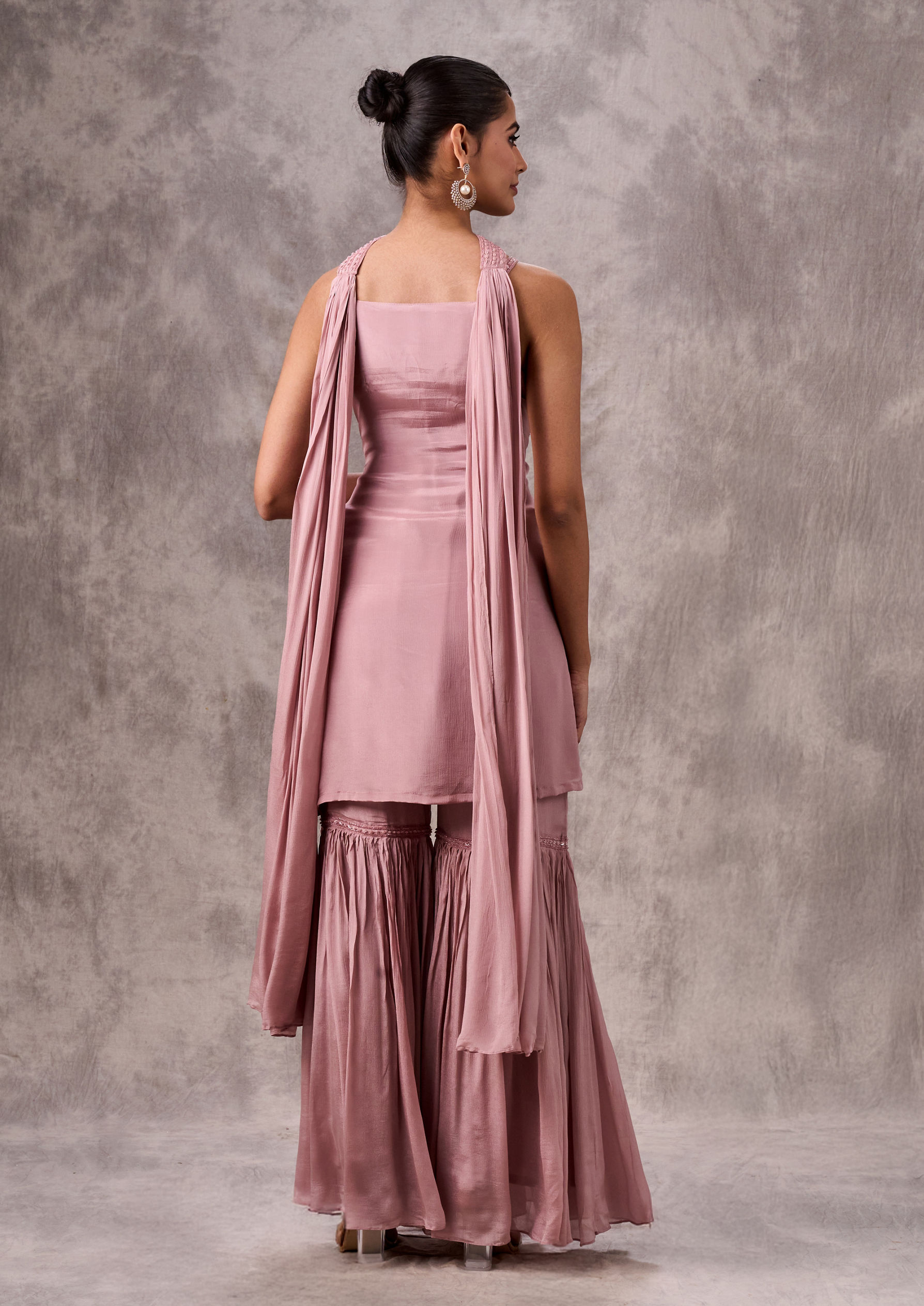 Twamev Women Dusty Pink Chinon Sharara Suit