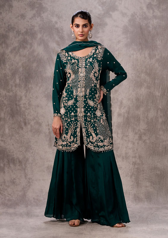 Twamev Women Bottle Green Viscose Zardosi Jaal Embroidered Sharara Suit