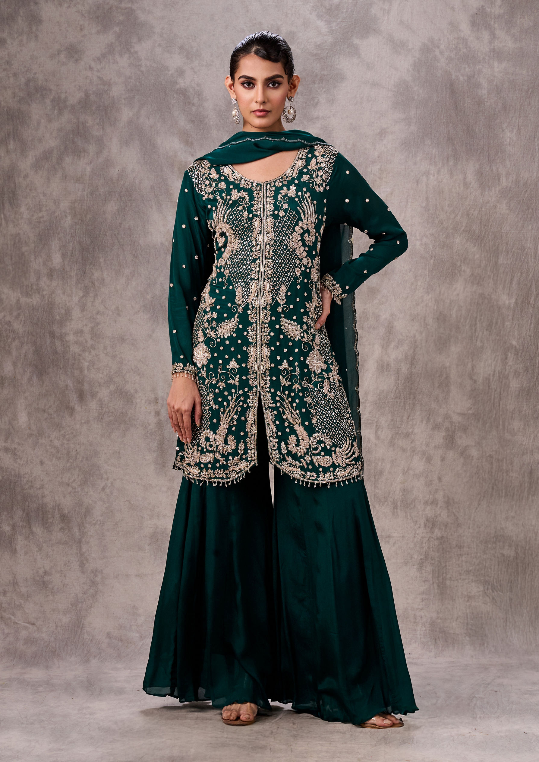Twamev Women Bottle Green Viscose Zardosi Jaal Embroidered Sharara Suit