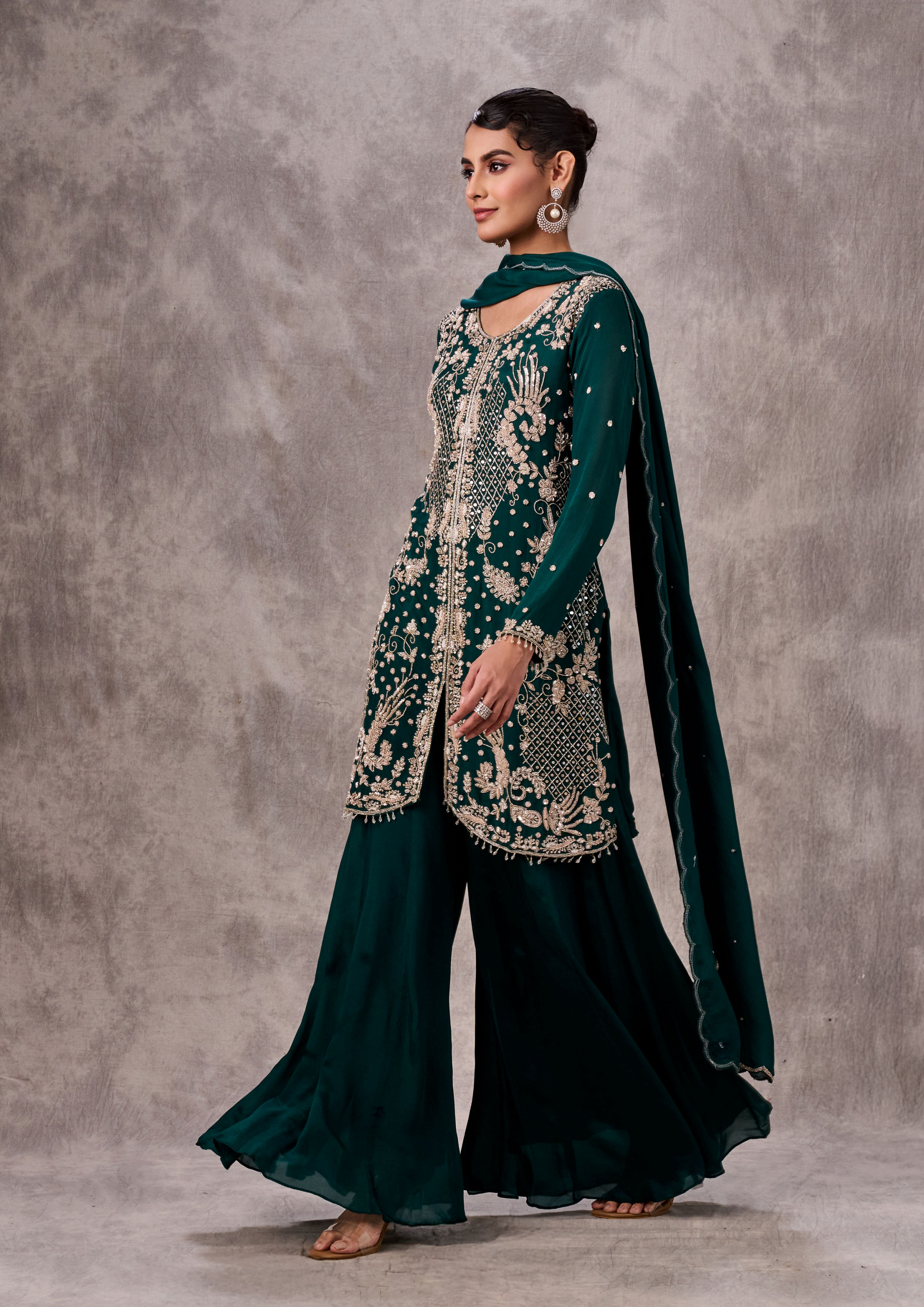 Twamev Women Bottle Green Viscose Zardosi Jaal Embroidered Sharara Suit