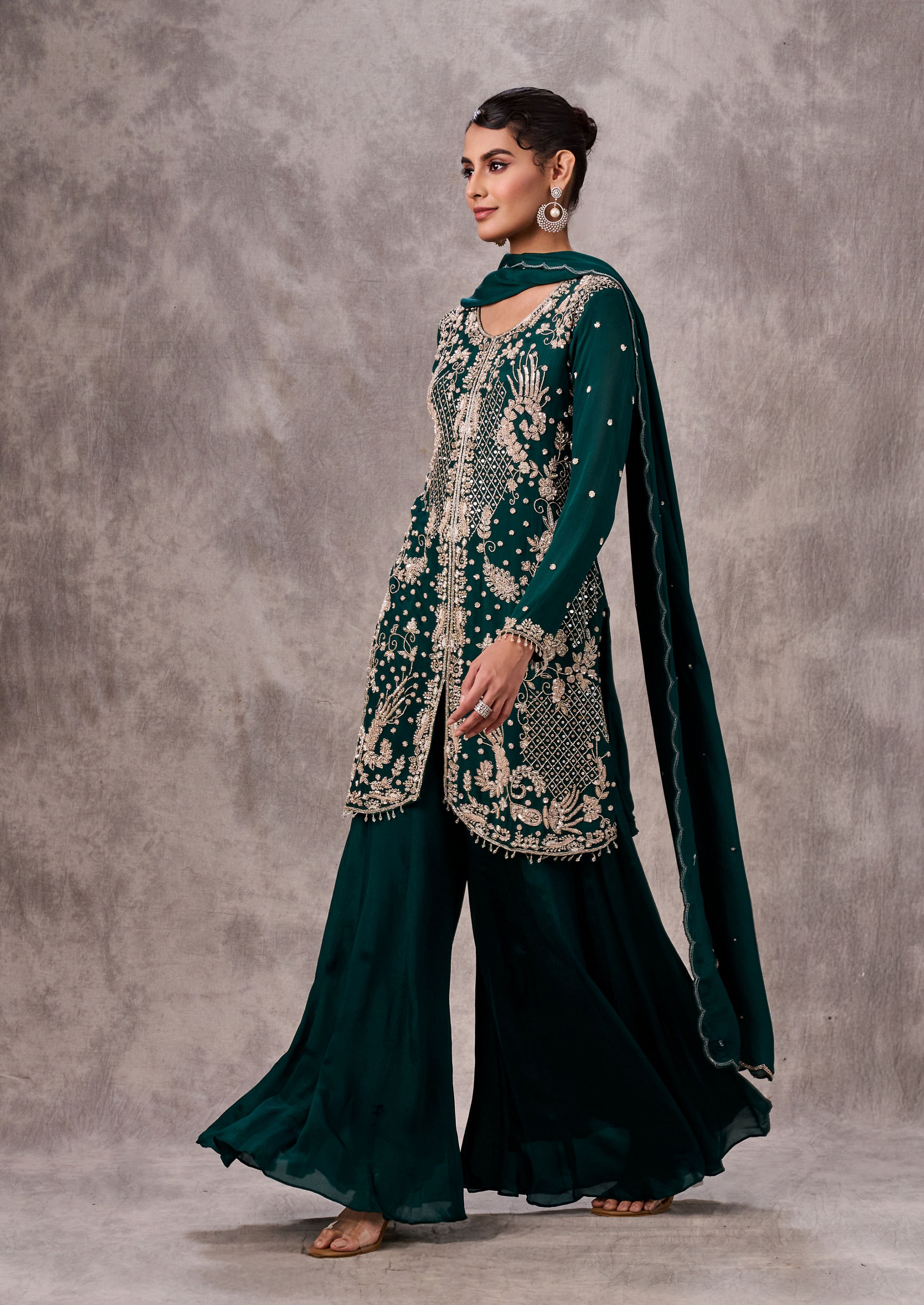 Twamev Women Bottle Green Viscose Zardosi Jaal Embroidered Sharara Suit