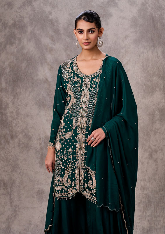 Twamev Women Bottle Green Viscose Zardosi Jaal Embroidered Sharara Suit