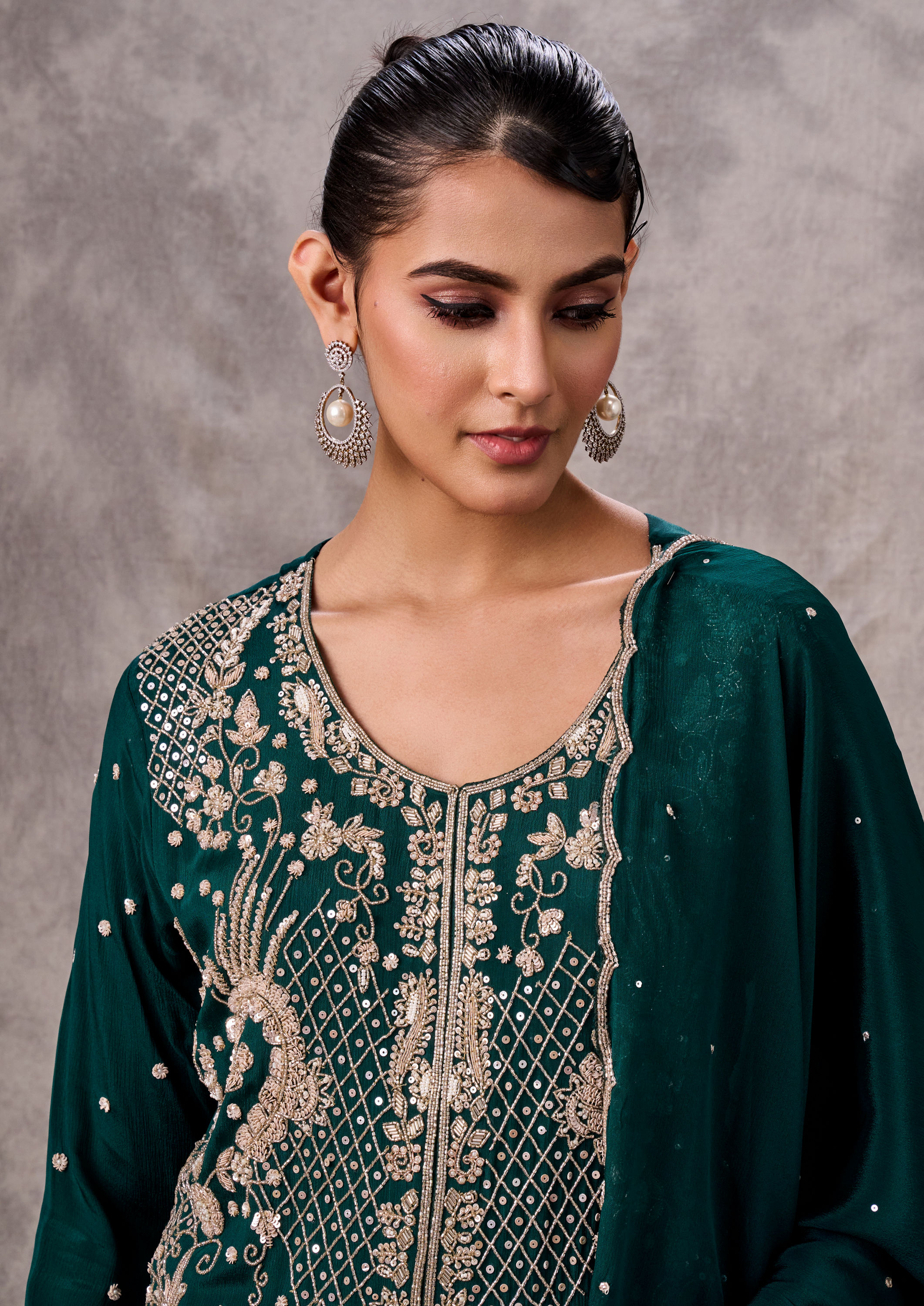 Twamev Women Bottle Green Viscose Zardosi Jaal Embroidered Sharara Suit