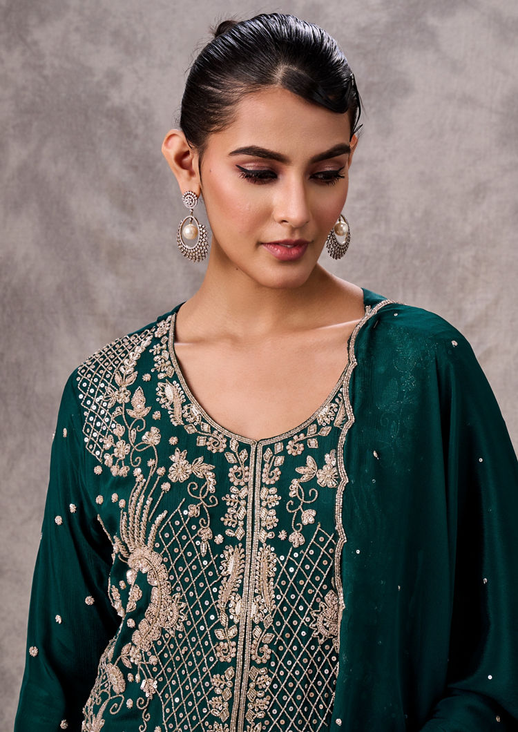 Twamev Women Bottle Green Viscose Zardosi Jaal Embroidered Sharara Suit
