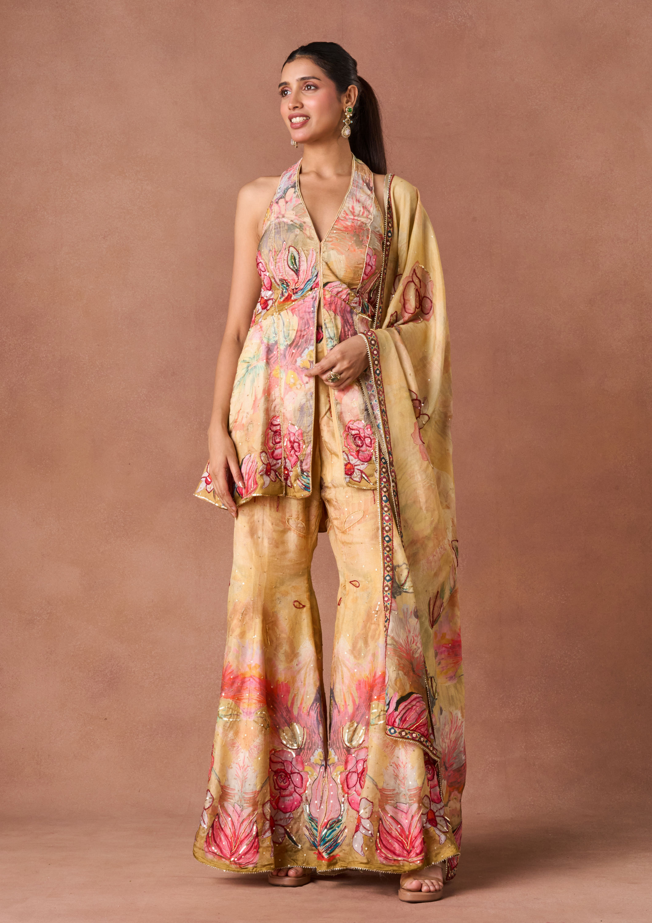 Twamev Women Yellow Art Silk Stitched Suit