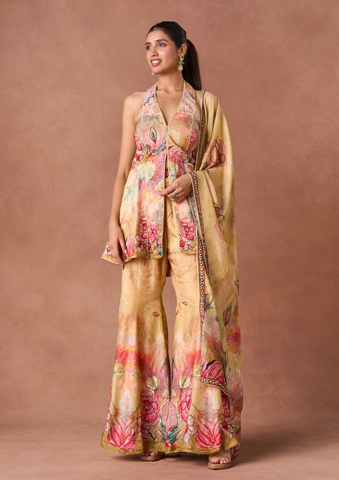 Twamev Women Yellow Art Silk Stitched Suit