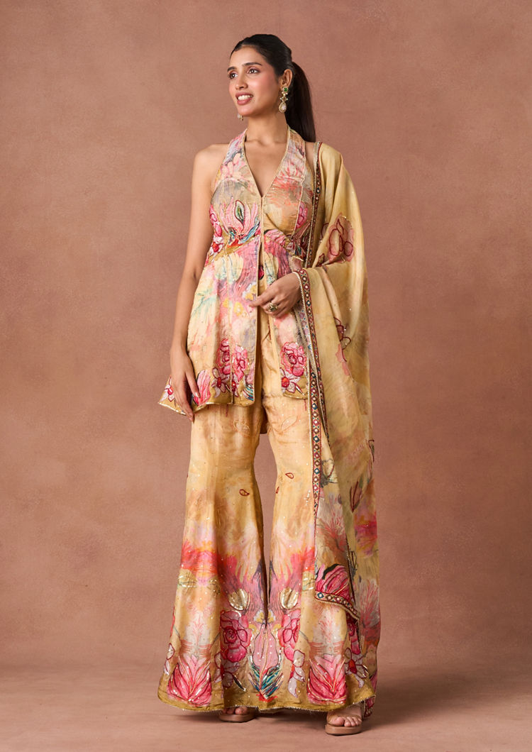 Twamev Women Yellow Art Silk Stitched Suit