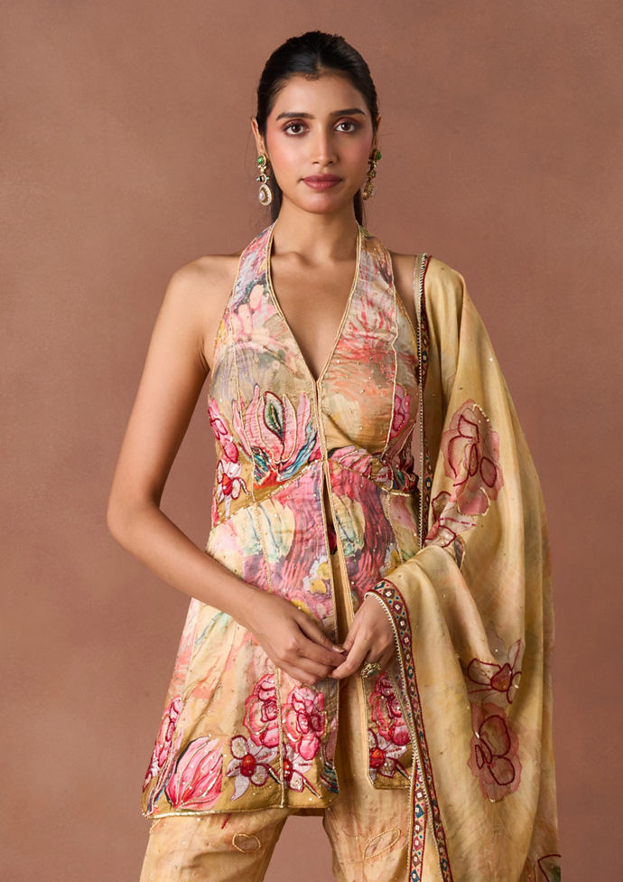 Twamev Women Yellow Art Silk Stitched Suit