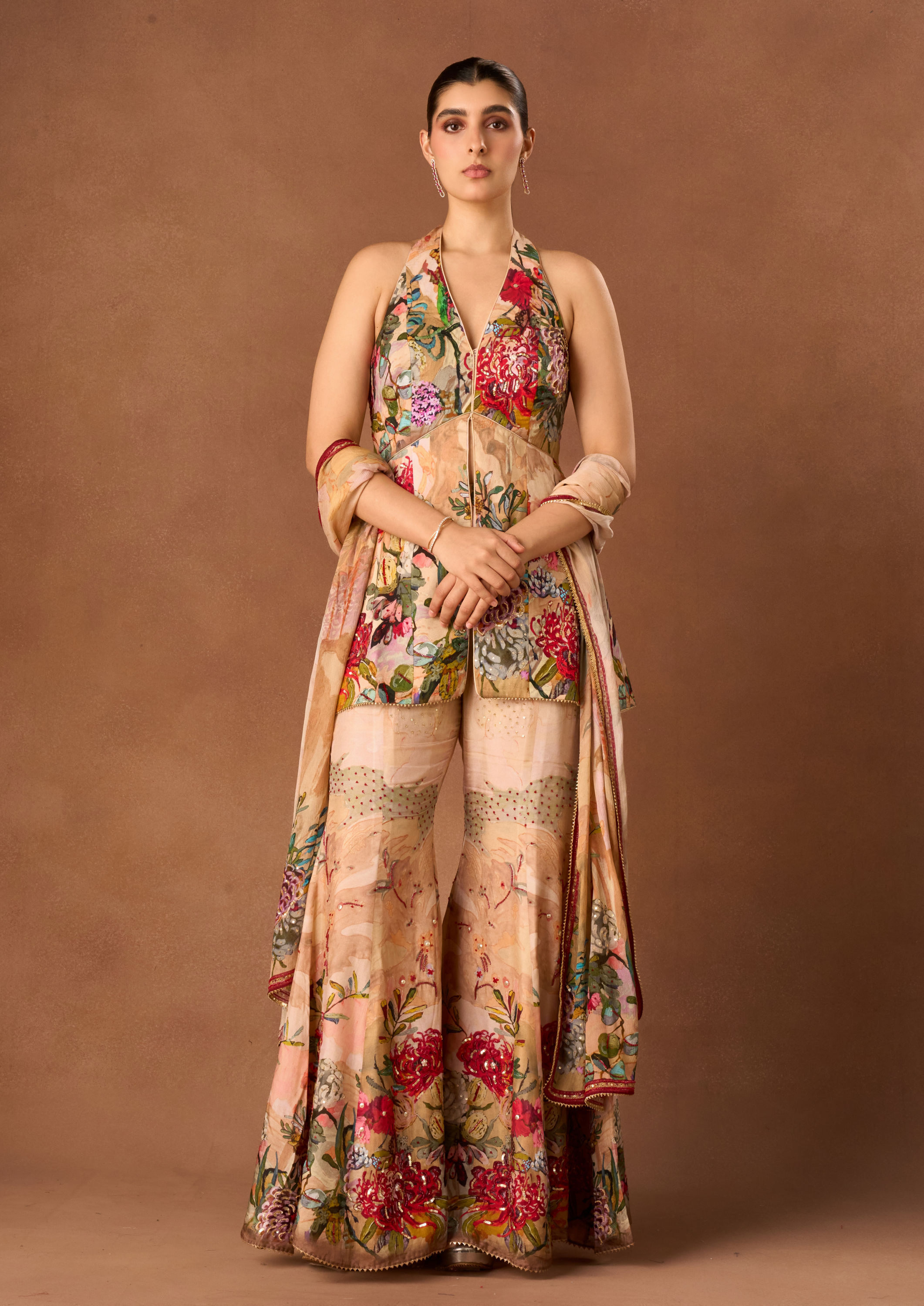 Twamev Women Peach Art Silk Stitched Suit with Dupatta