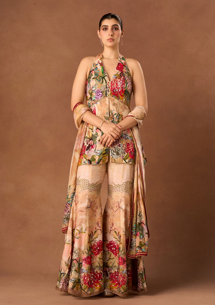Twamev Women Peach Art Silk Stitched Suit with Dupatta