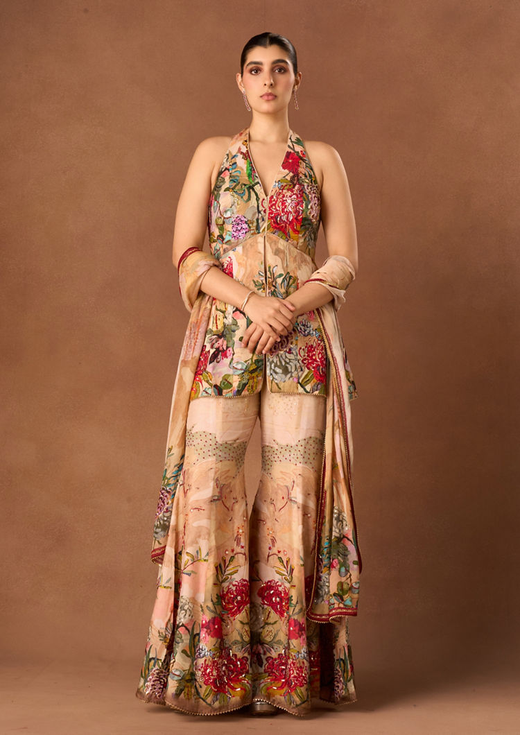 Twamev Women Peach Art Silk Stitched Suit with Dupatta
