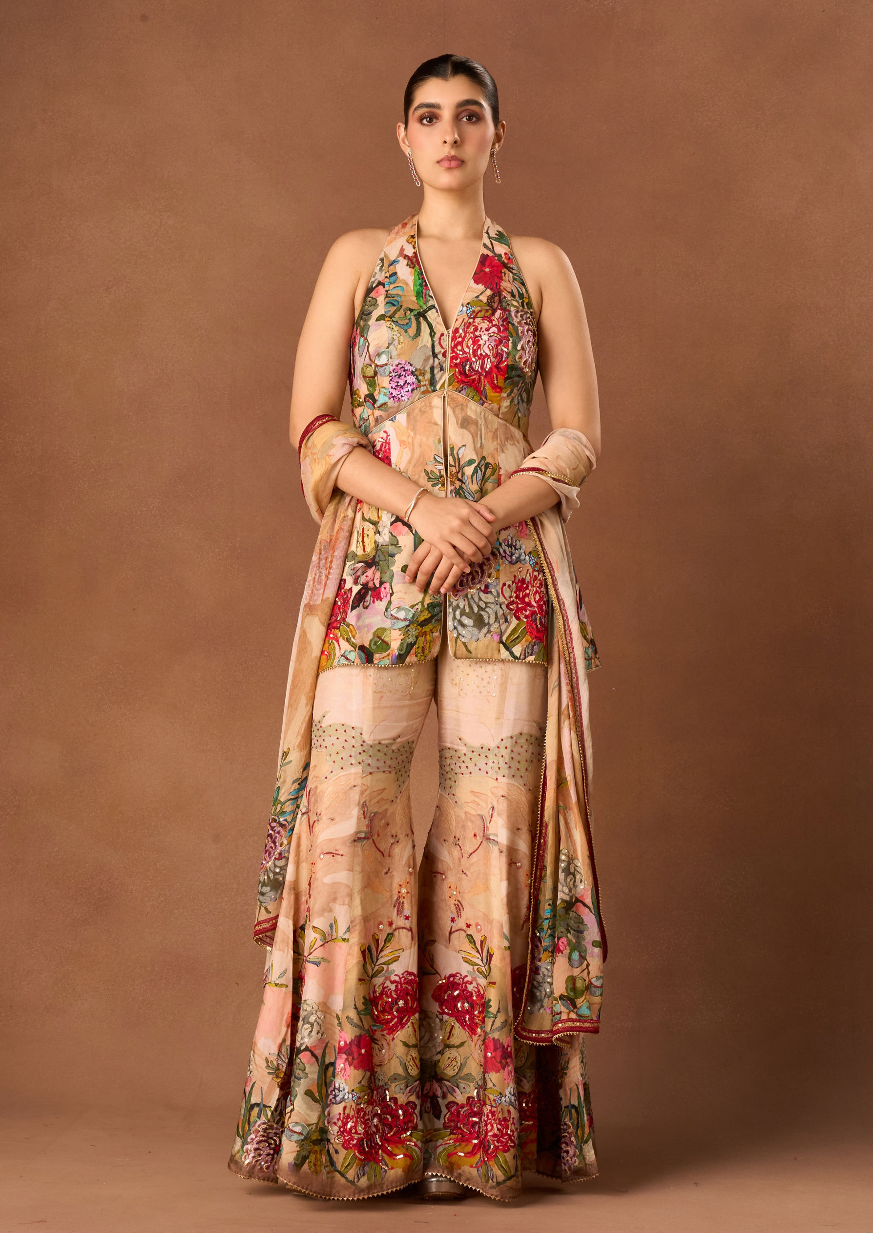 Twamev Women Peach Art Silk Stitched Suit with Dupatta