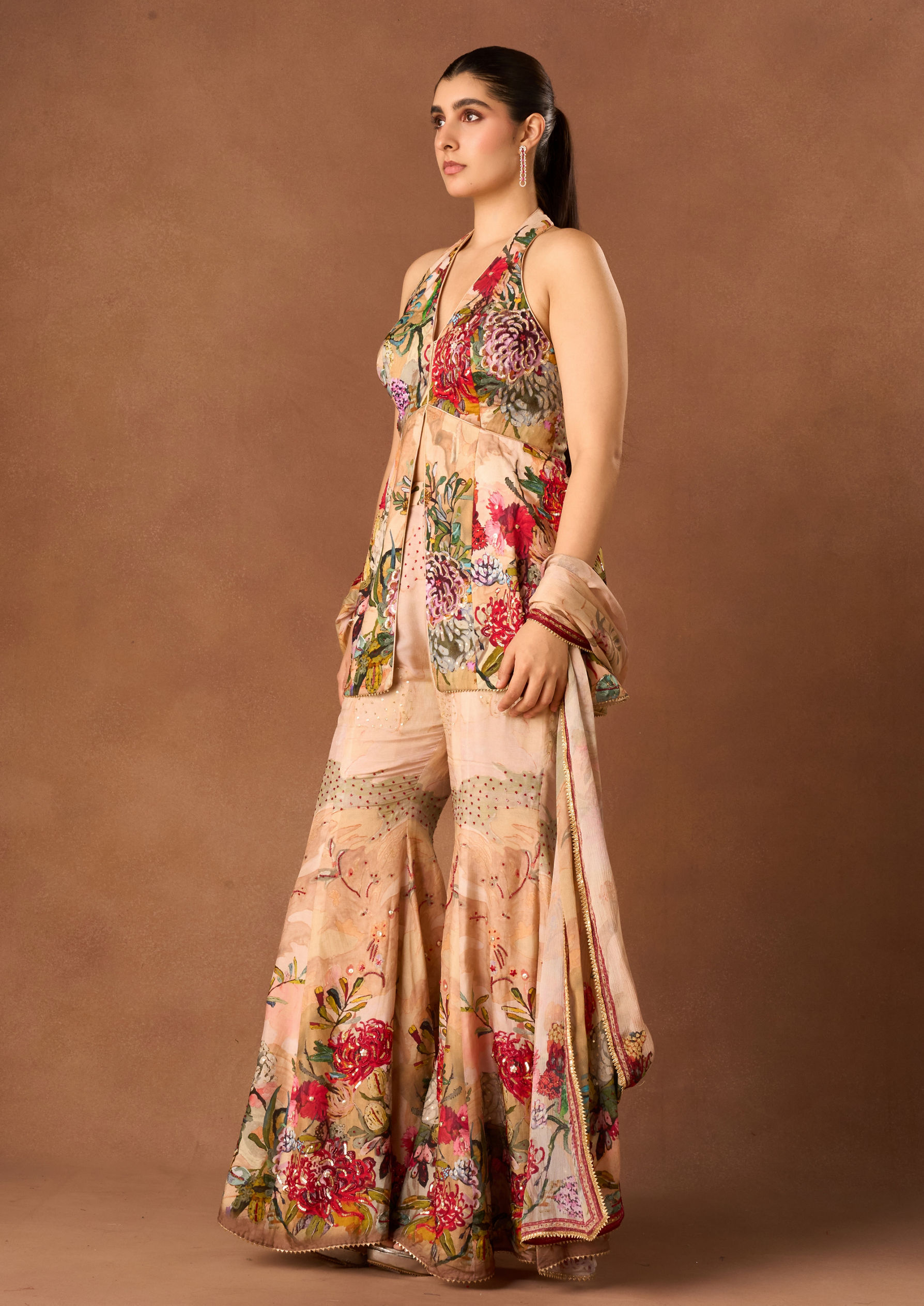 Twamev Women Peach Art Silk Stitched Suit with Dupatta