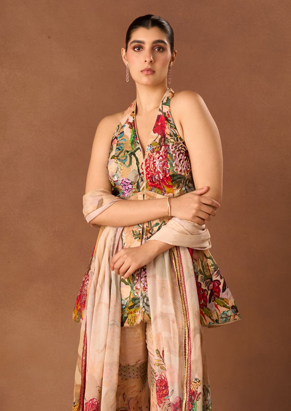 Twamev Women Peach Art Silk Stitched Suit with Dupatta