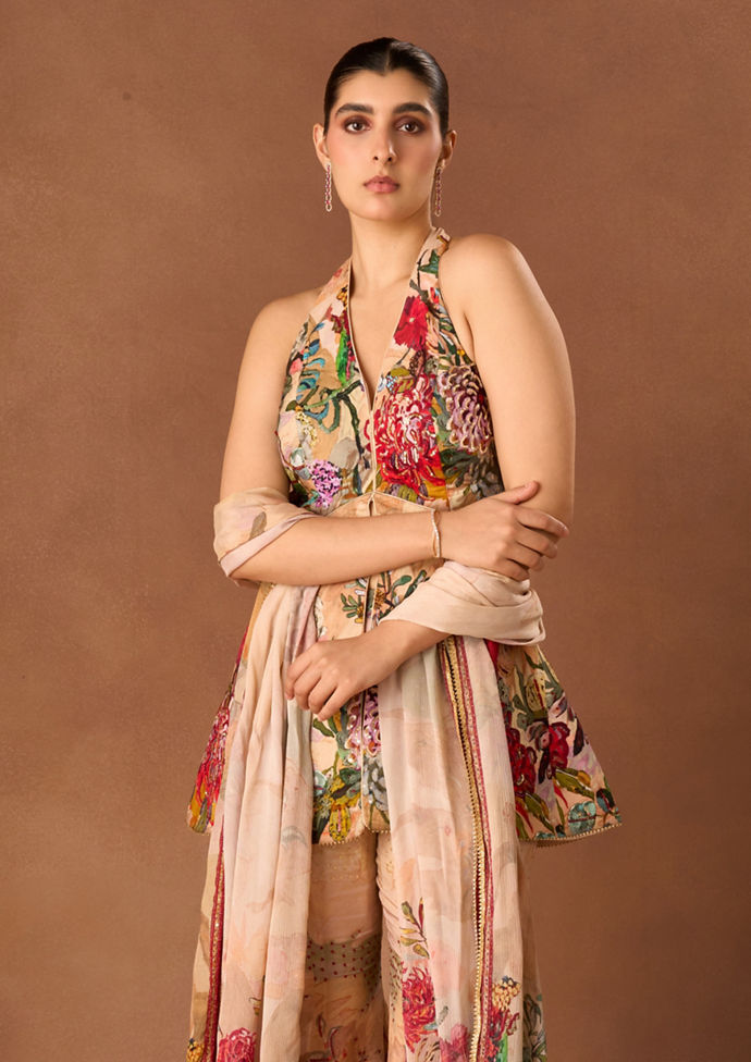 Twamev Women Peach Art Silk Stitched Suit with Dupatta