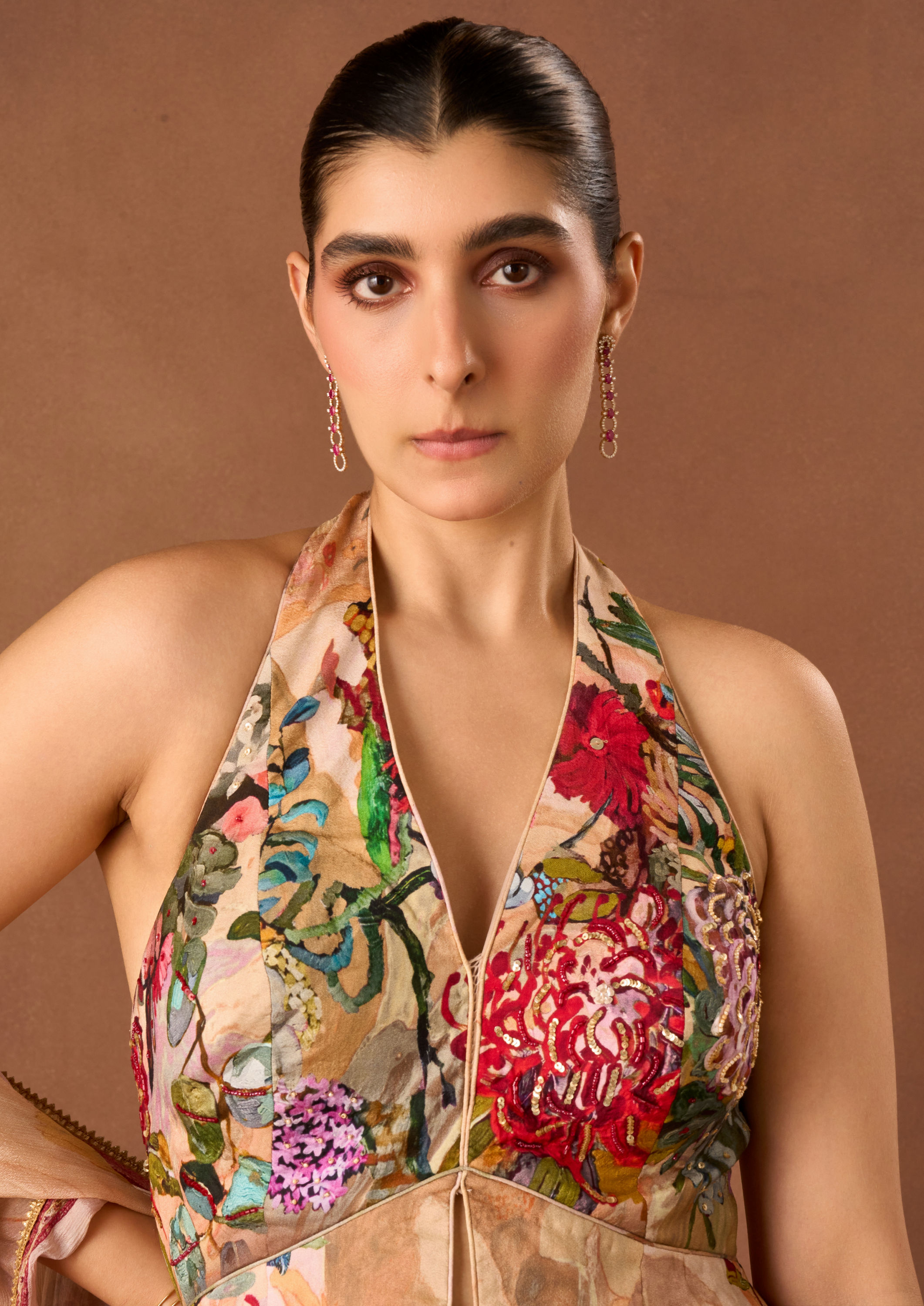 Twamev Women Peach Art Silk Stitched Suit with Dupatta