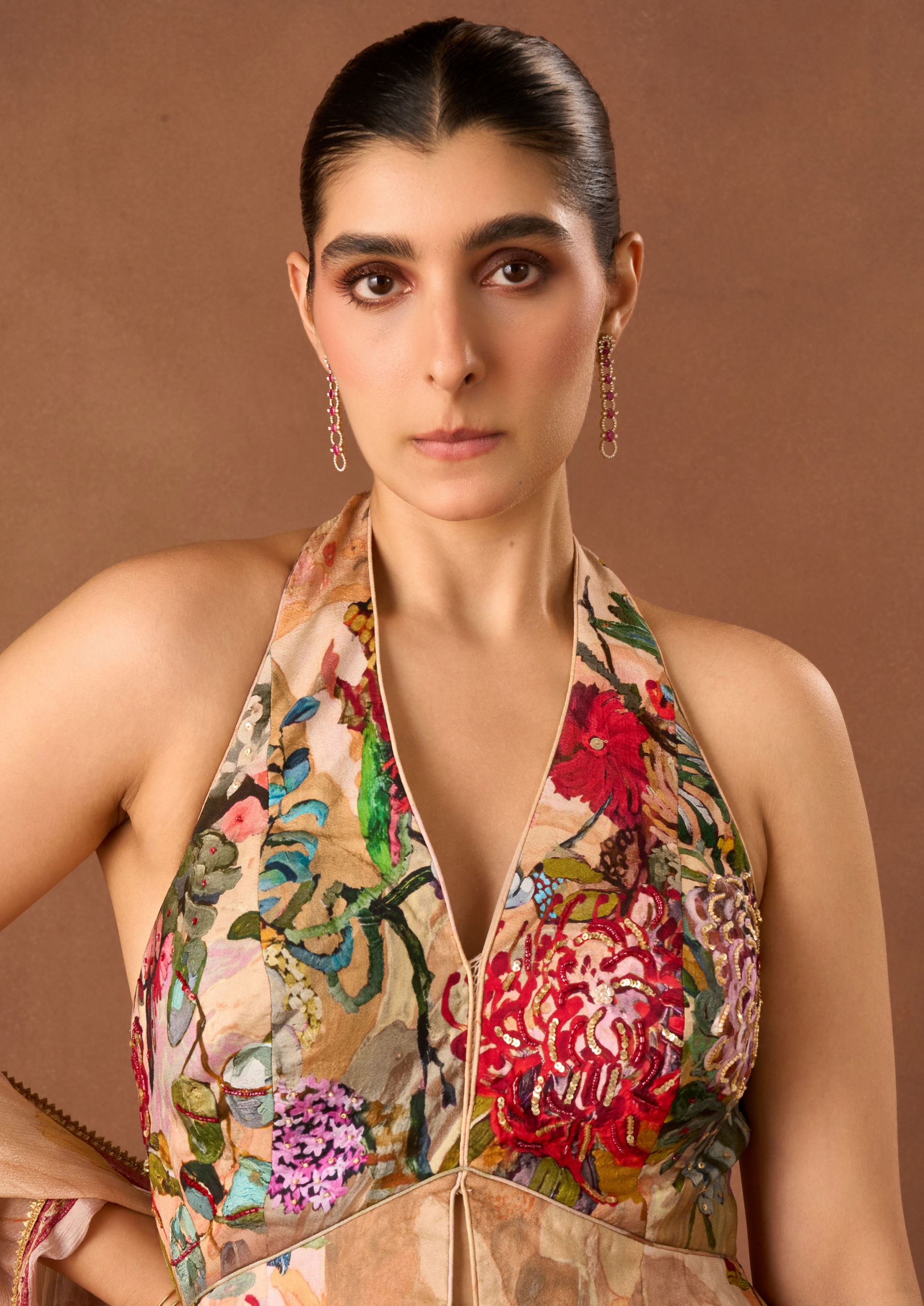 Twamev Women Peach Art Silk Stitched Suit with Dupatta