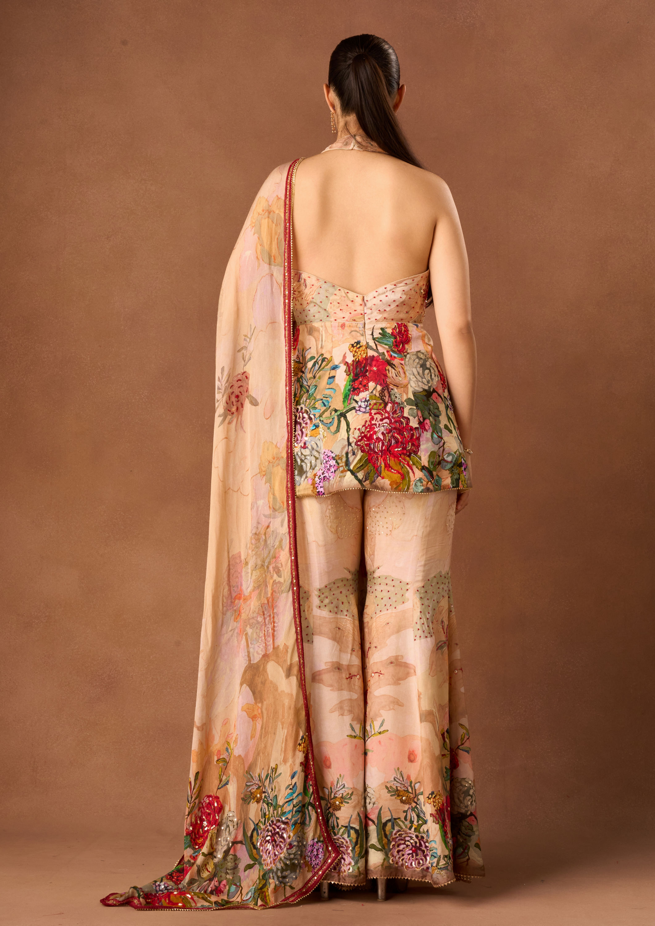 Twamev Women Peach Art Silk Stitched Suit with Dupatta