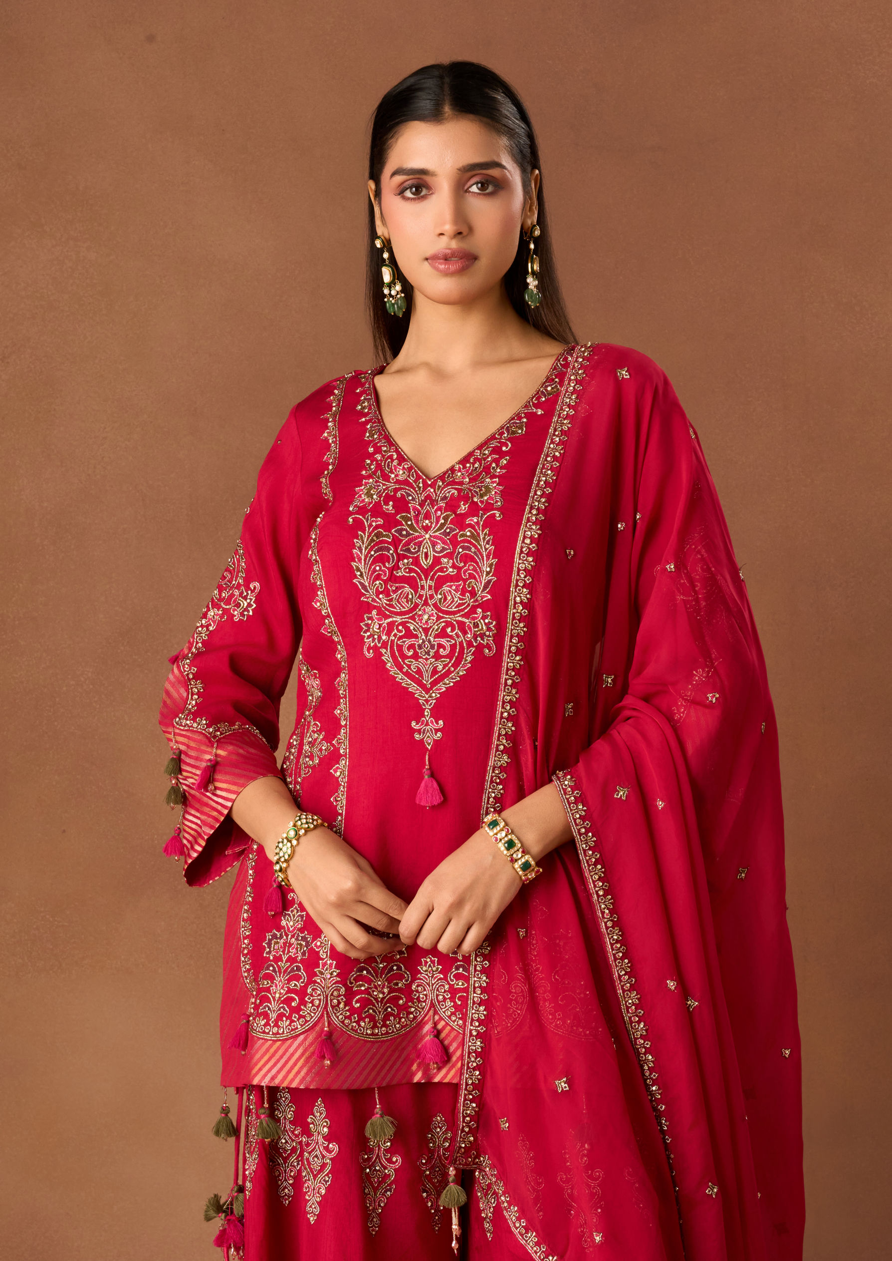 Twamev Women Pink Silk Stitched Suit with Embroidery