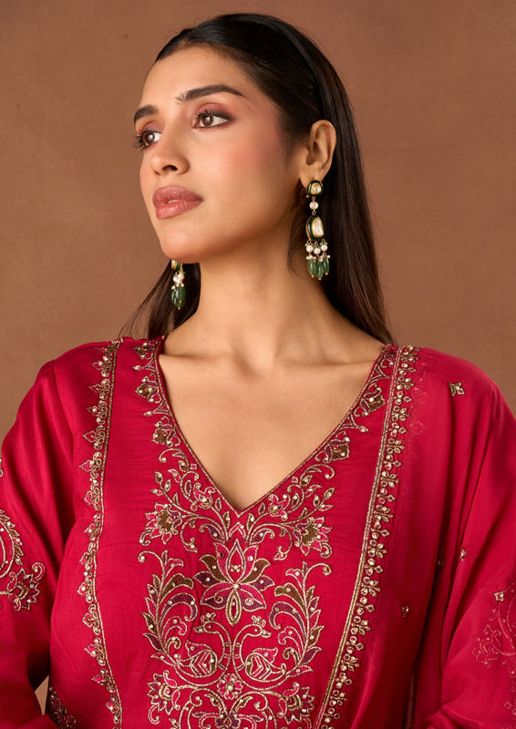 Twamev Women Pink Silk Stitched Suit with Embroidery