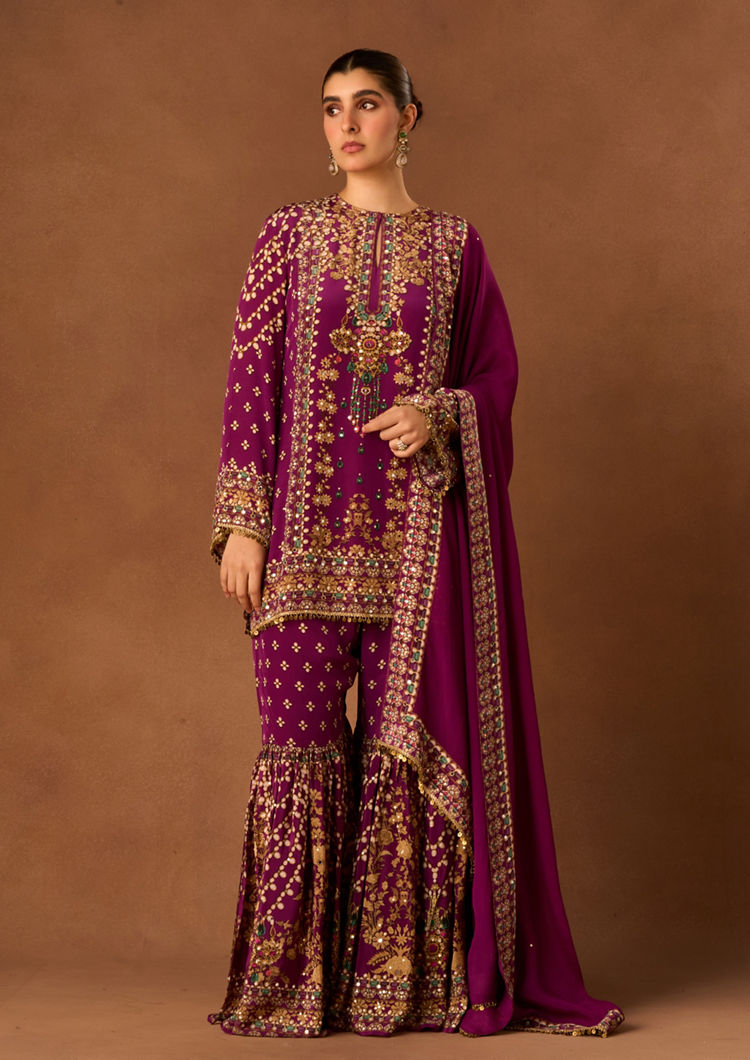Twamev Women Purple Crepe Stitched Suit with Embroidery