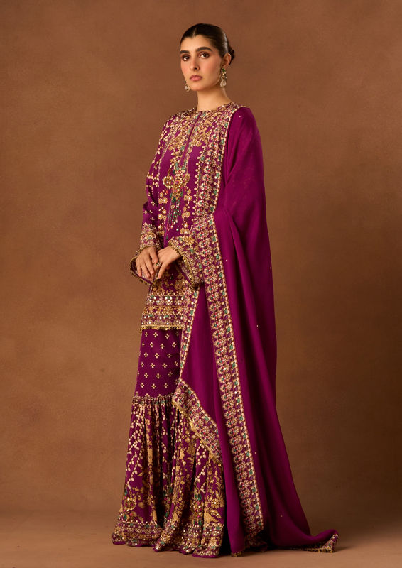 Twamev Women Purple Crepe Stitched Suit with Embroidery