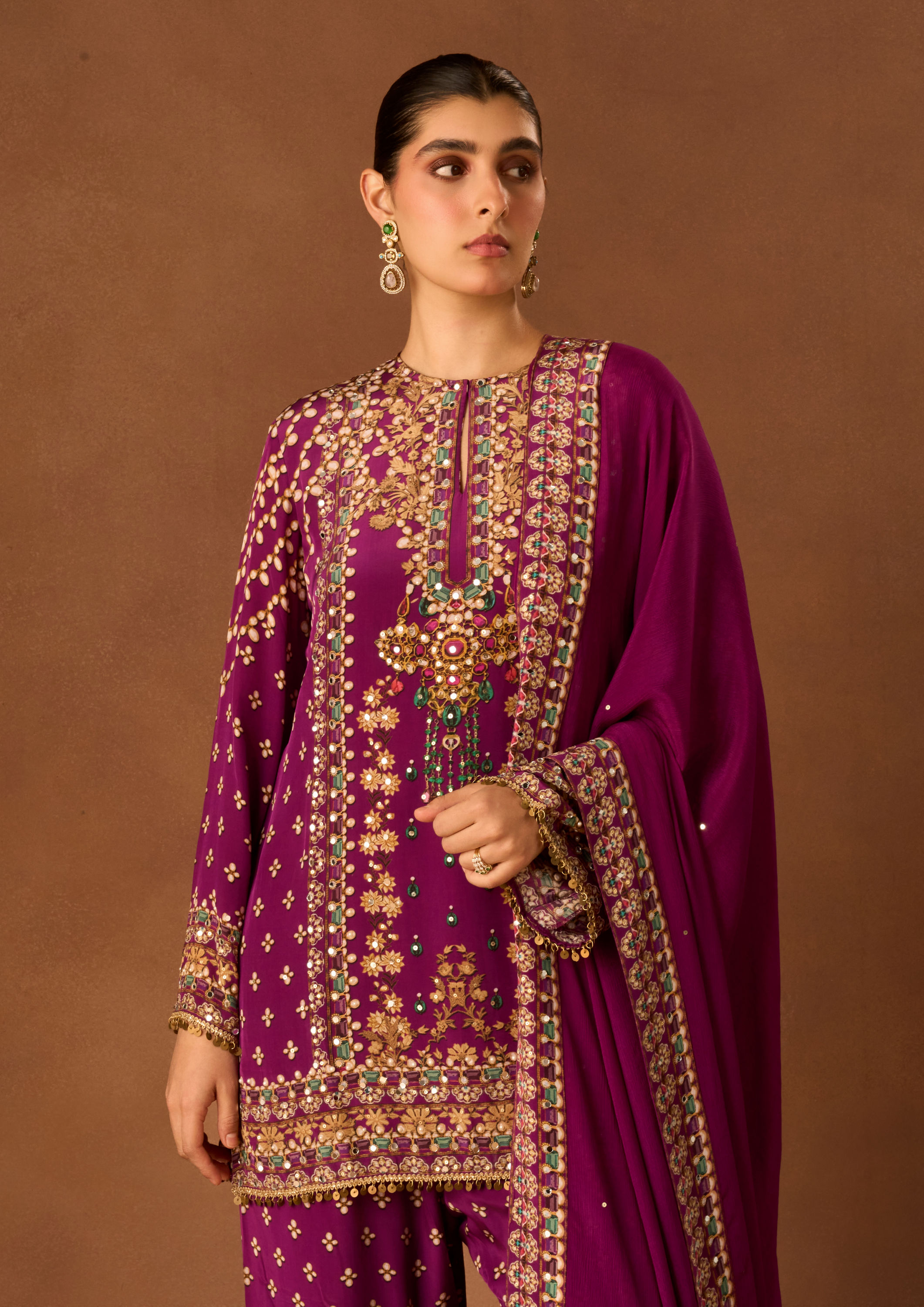 Twamev Women Purple Crepe Stitched Suit with Embroidery