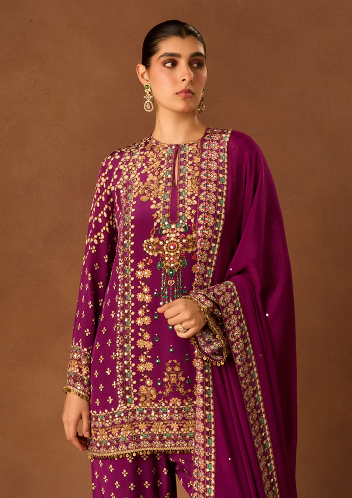 Twamev Women Purple Crepe Stitched Suit with Embroidery