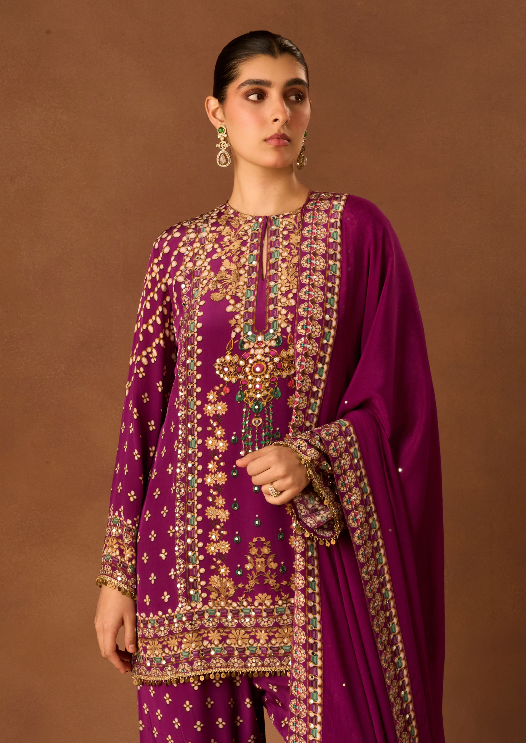 Twamev Women Purple Crepe Stitched Suit with Embroidery